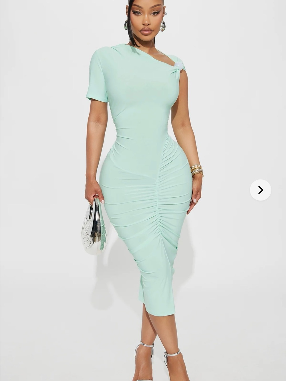 Fashion Nova Mint One-Shoulder Ruched Midi Dress